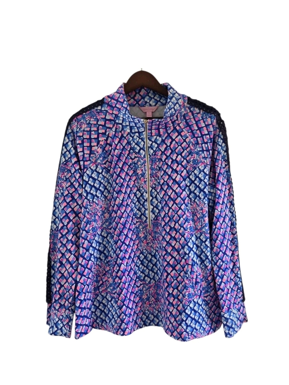 Lilly Pulitzer Skipper Popover Toe In Print Blue Pink Half Zip Pockets Womens XL